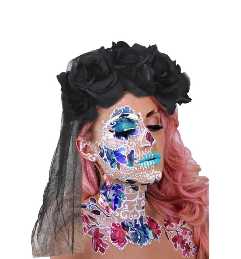 PURFUN Gothic Rose Floral Headband Crown Veil Women Halloween Cosplay Day of The Dead Masquerade Mexican Flower Hairband Garland Headpiece Hair Wreath Black Witch Vampire Bridal Veil Costume Accessory - Image 3